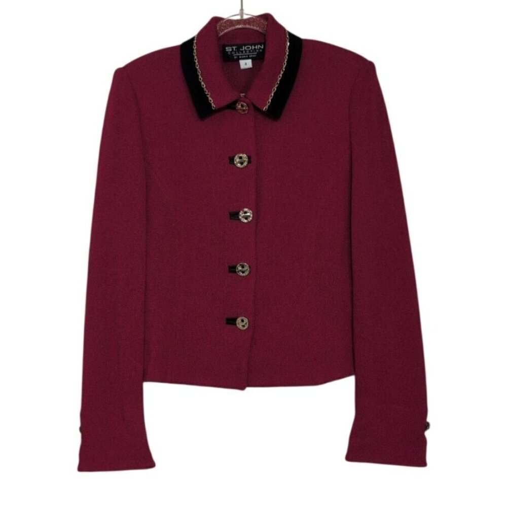 St John Collection Marie Gray Cardigan Womens Size 4 Red Santana Knit Chain
